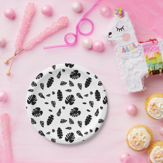 Schwarz-Weiß-Tropical Summer Blätter Muster Pappteller (Party)