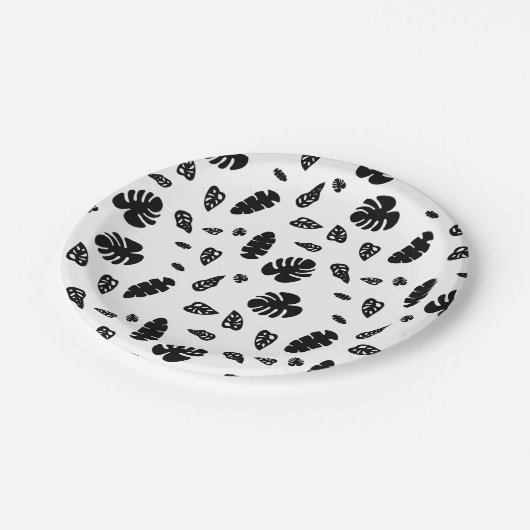 Schwarz-Weiß-Tropical Summer Blätter Muster Pappteller (Schrägansicht)