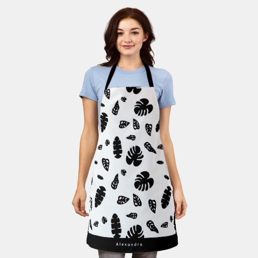 Schwarz-Weiß-Tropical Summer Blätter Muster Schürze (Getragen)
