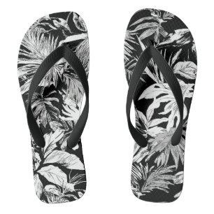 Schwarz-Weiß-Tropische Blätter Flip Flops für Stra Badesandalen
