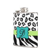 Schwarz-weiß Türkis Zebra Leopard Hautmonogramm Flachmann (Links)