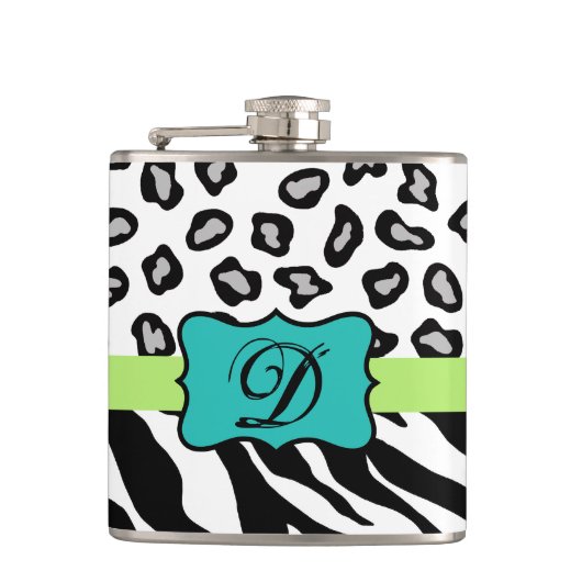 Schwarz-weiß Türkis Zebra Leopard Hautmonogramm Flachmann (Vorderseite)
