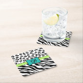 Schwarz-weiß Türkis Zebra Leopard Hautmonogramm Rechteckiger Pappuntersetzer (Vor Ort)