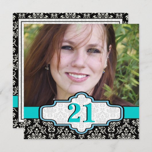 Schwarz-weiß türkisfarbener Damast 21. Foto Einladung (Vorne/Hinten)
