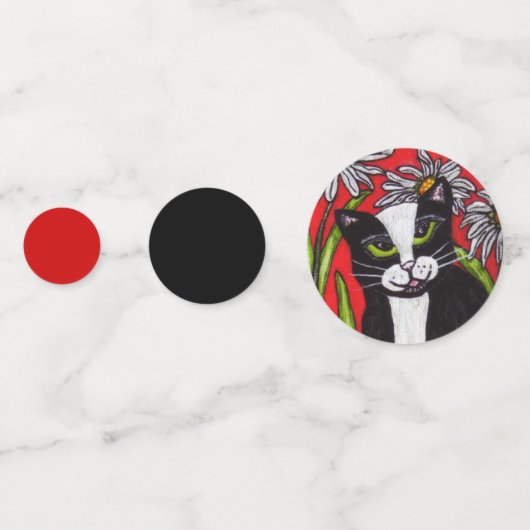 Schwarz-weiß Tuxedo Cat Daisies Red Black Konfetti (Vorderseiten)