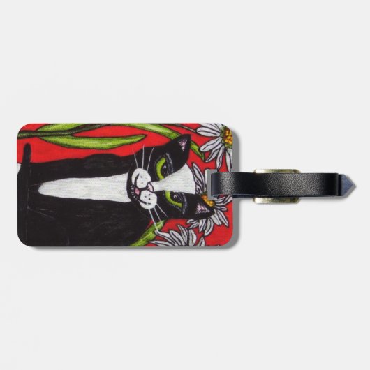 Schwarz-weiß Tuxedo Cat Daisy Blume Rot Gepäckanhänger (Rückseite horizontal)