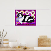 Schwarz-Weiß-Tuxedo-Katze auf Kissen Poster (Küche)