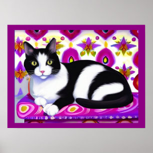 Schwarz-Weiß-Tuxedo-Katze auf Kissen Poster