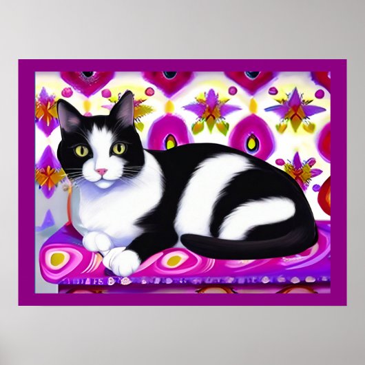 Schwarz-Weiß-Tuxedo-Katze auf Kissen Poster (Vorne)