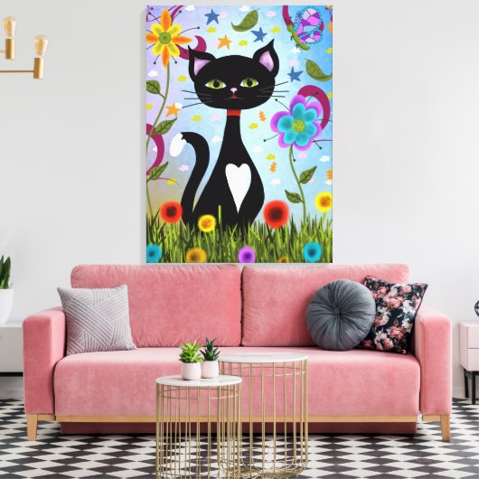 Schwarz-Weiß-Tuxedo-Katze im Garten Leinwanddruck (Insitu (Wohnzimmer))