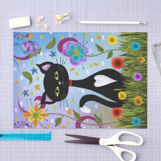 Schwarz-Weiß-Tuxedo-Katze im Garten Seidenpapier (Handwerk)