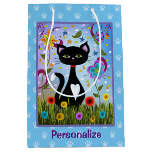Schwarz-Weiß Tuxedo Katze in einem Garten personal Mittlere Geschenktüte