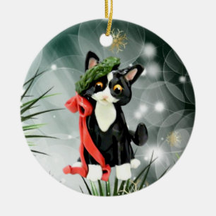 Schwarz-Weiß-Tuxedo-Katze Keramik Ornament