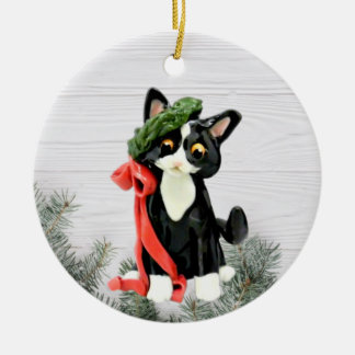 Schwarz-Weiß-Tuxedo-Katze Keramik Ornament