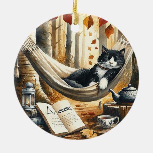 Schwarz-Weiß Tuxedo Katze Traumhaft für Abenteuer Keramik Ornament (Hinten)