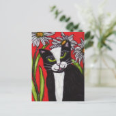 Schwarz-weiß Tuxedo Katze White Daisies Vibrant Re Postkarte (Stehend Vorderseite)