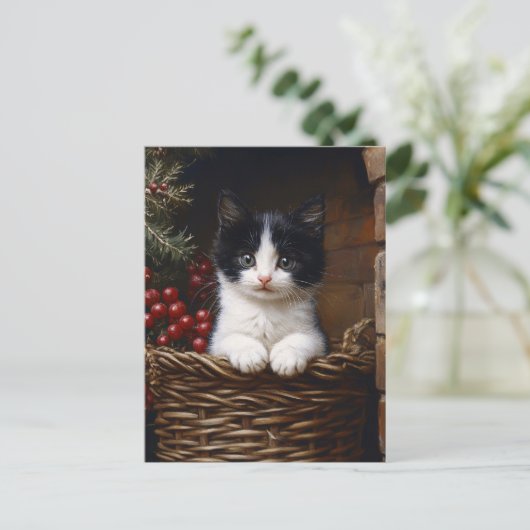 Schwarz-Weiß-Tuxedo-Katze Winterbilder Gemälde Postkarte (Stehend Vorderseite)
