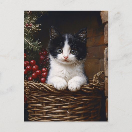 Schwarz-Weiß-Tuxedo-Katze Winterbilder Gemälde Postkarte (Vorderseite)