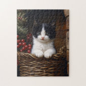 Schwarz-Weiß-Tuxedo-Katze Winterbilder Gemälde Puzzle (Vertikal)
