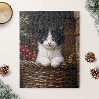 Schwarz-Weiß-Tuxedo-Katze Winterbilder Gemälde Puzzle