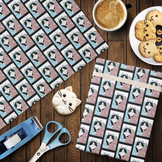 Schwarz-weiß Tuxedo Katzenleder Niedlich Blau Rosa Geschenkpapier