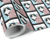 Schwarz-weiß Tuxedo Katzenleder Niedlich Blau Rosa Geschenkpapier (Rolleneckpunkt)