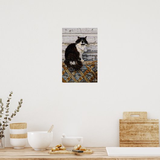 Schwarz-Weiß Tuxedo Tom Katze auf dem alten Zaun Poster (Küche)