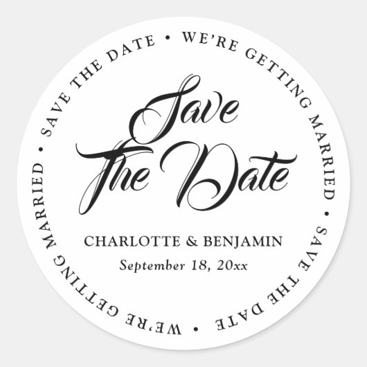 Schwarz-Weiß-Typografie-Hochzeit spart das Datum Runder Aufkleber (Vorderseite)