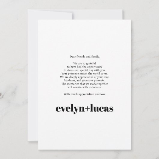 Schwarz-Weiß-Typografie-Minimalistische Foto-Hochz Dankeskarte (Rückseite)