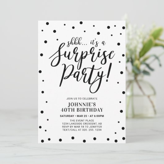 Schwarz/Weiß | Überraschen Erwachsenen Geburtstags Einladung (Stehend Vorderseite)
