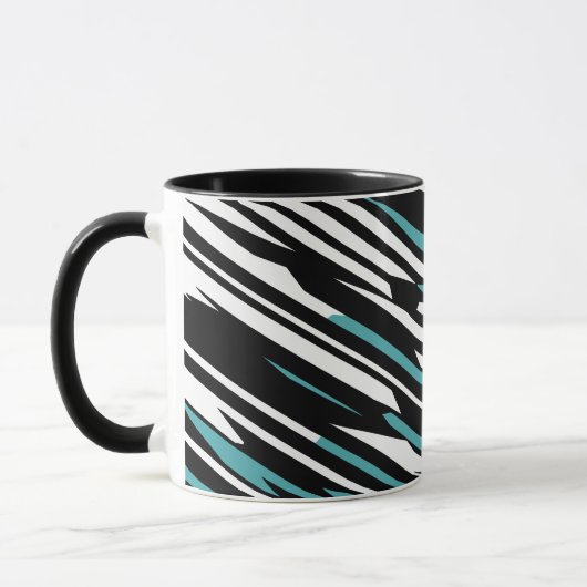 Schwarz, Weiß und Aquamarines, lineares Abstraktes Tasse (Links)