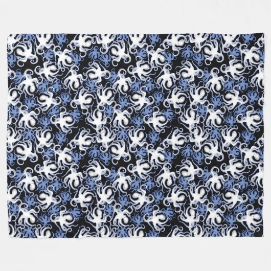 Schwarz, Weiß und Blauer Oktopus Nahtloses Muster Fleecedecke (Vorderseite (Horizontal))