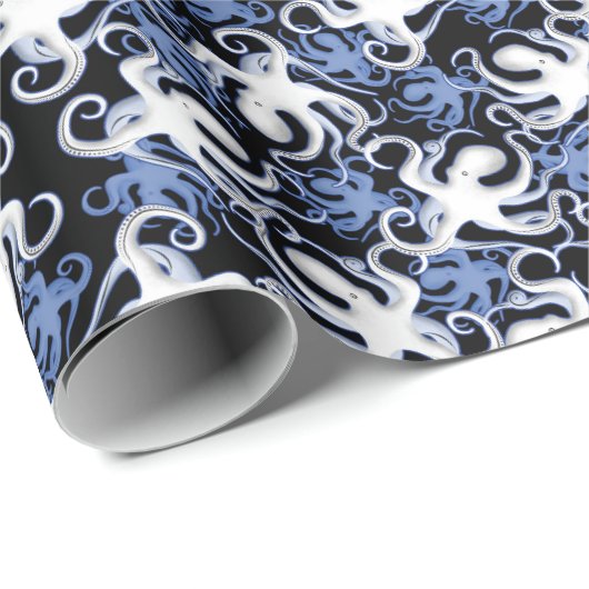 Schwarz, Weiß und Blauer Oktopus Nahtloses Muster Geschenkpapier (Rolleneckpunkt)