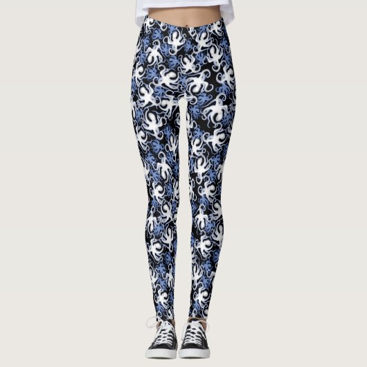 Schwarz, Weiß und Blauer Oktopus Nahtloses Muster Leggings (Vorderseite)