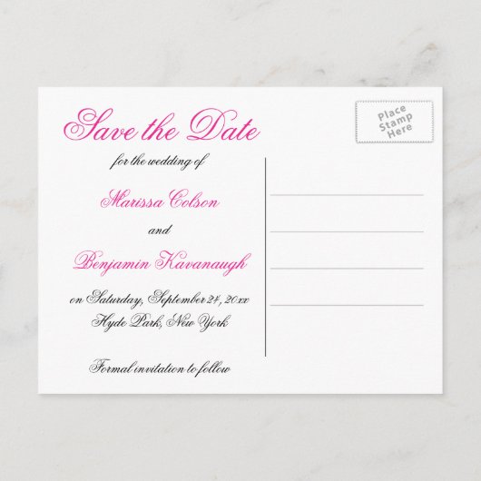 Schwarz, Weiß und Fuchsien Save the Date Postkarte (Rückseite)