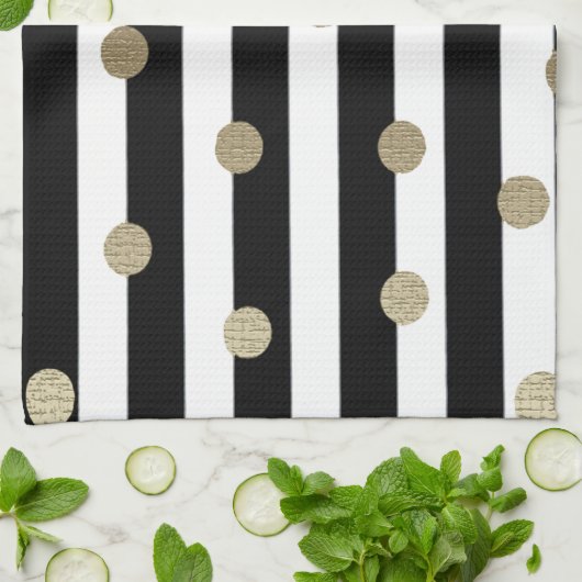 Schwarz, Weiß und Gold Dot & Strip Geschirrtuch (Gefaltet)