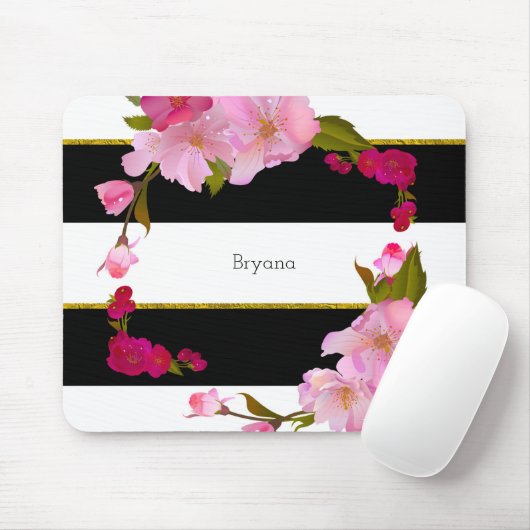 Schwarz-weiß und Gold Moderner Glamour mit Blumenm Mousepad (Mit Mouse)