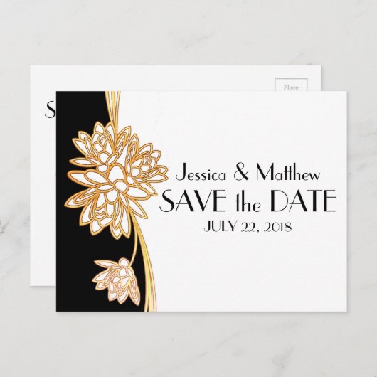 Schwarz, Weiß und Gold Save the Date Art Deco Ankündigungspostkarte (Vorne/Hinten)