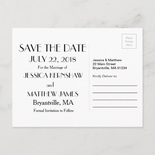 Schwarz, Weiß und Gold Save the Date Art Deco Ankündigungspostkarte (Rückseite)