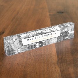 Schwarz, Weiß und Gold Vintage Blüten Beruflich Namensplakette