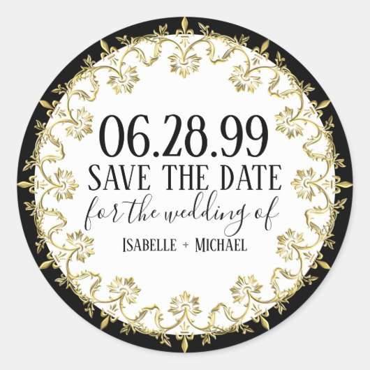 Schwarz, Weiß und GoldElegant Save the Date Runder Aufkleber (Vorderseite)