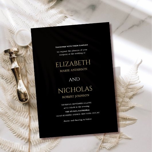 Schwarz, Weiß und goldene Schablone Hochzeit Einla Einladung