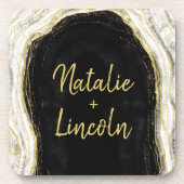 Schwarz-weiß- und Goldgeode-Agate-Hochzeitmonograp Getränkeuntersetzer (Vorderseite)