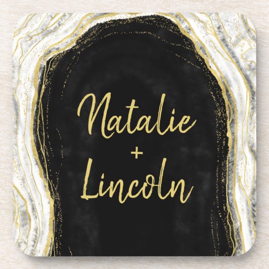 Schwarz-weiß- und Goldgeode-Agate-Hochzeitmonograp Getränkeuntersetzer (Vorderseite)