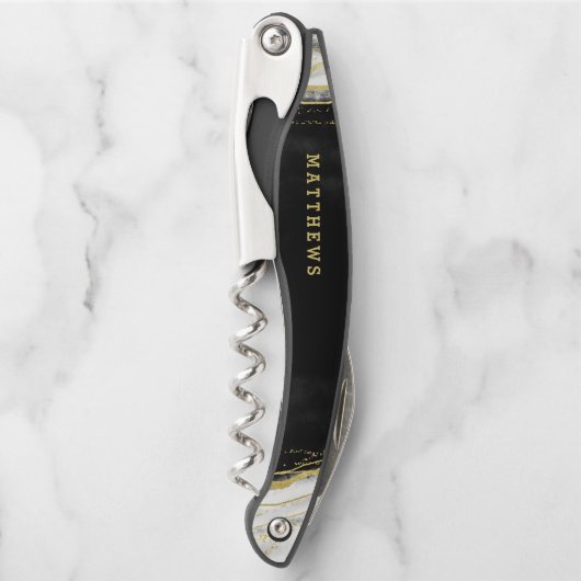 Schwarz-weiß- und Goldgeode-Agate-Hochzeitmonograp Kellnermesser (Vorderseite)