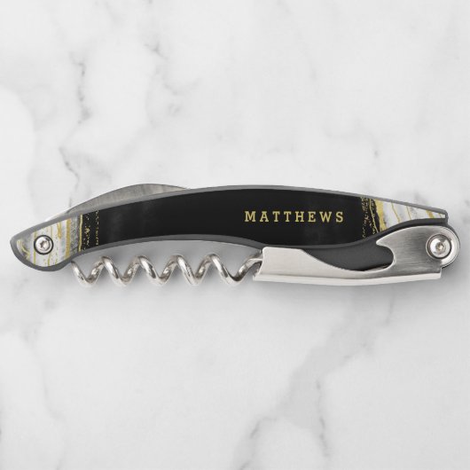 Schwarz-weiß- und Goldgeode-Agate-Hochzeitmonograp Kellnermesser (Rückseite)