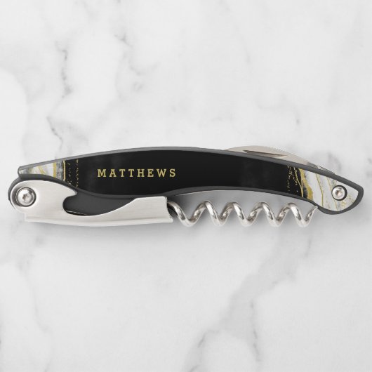 Schwarz-weiß- und Goldgeode-Agate-Hochzeitmonograp Kellnermesser (Vorderseite)