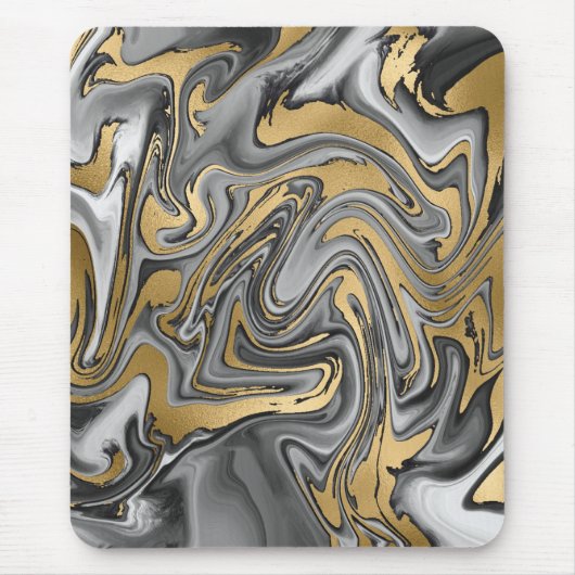 Schwarz, Weiß und Goldmarmor Ölteppich Abstrakt Mousepad (Vorne)