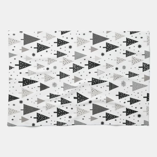 Schwarz, Weiß und Grau Weihnachtsbaummuster Geschirrtuch (Horizontal)