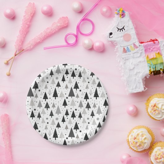 Schwarz, Weiß und Grau Weihnachtsbaummuster Pappteller (Party)